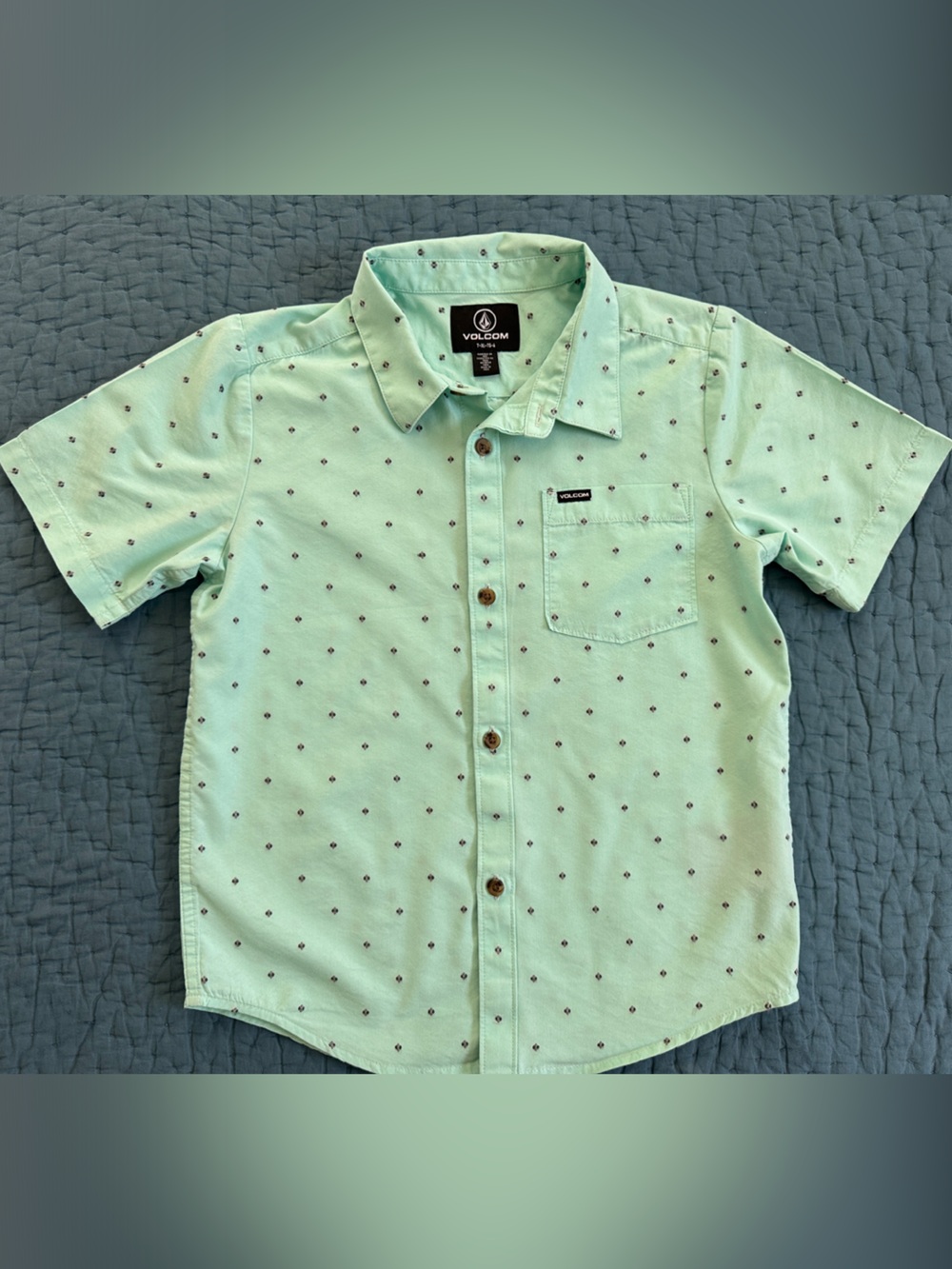 Volcom Boy’s 7-XL Mint Green Short Sleeve Button-Down Shirt with Dot Print